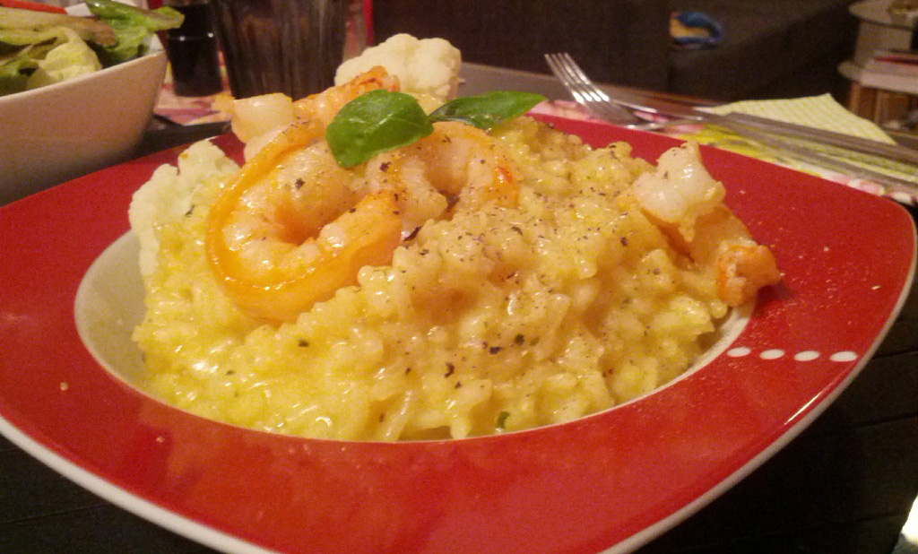 Delicious risotto with tiger prawns.